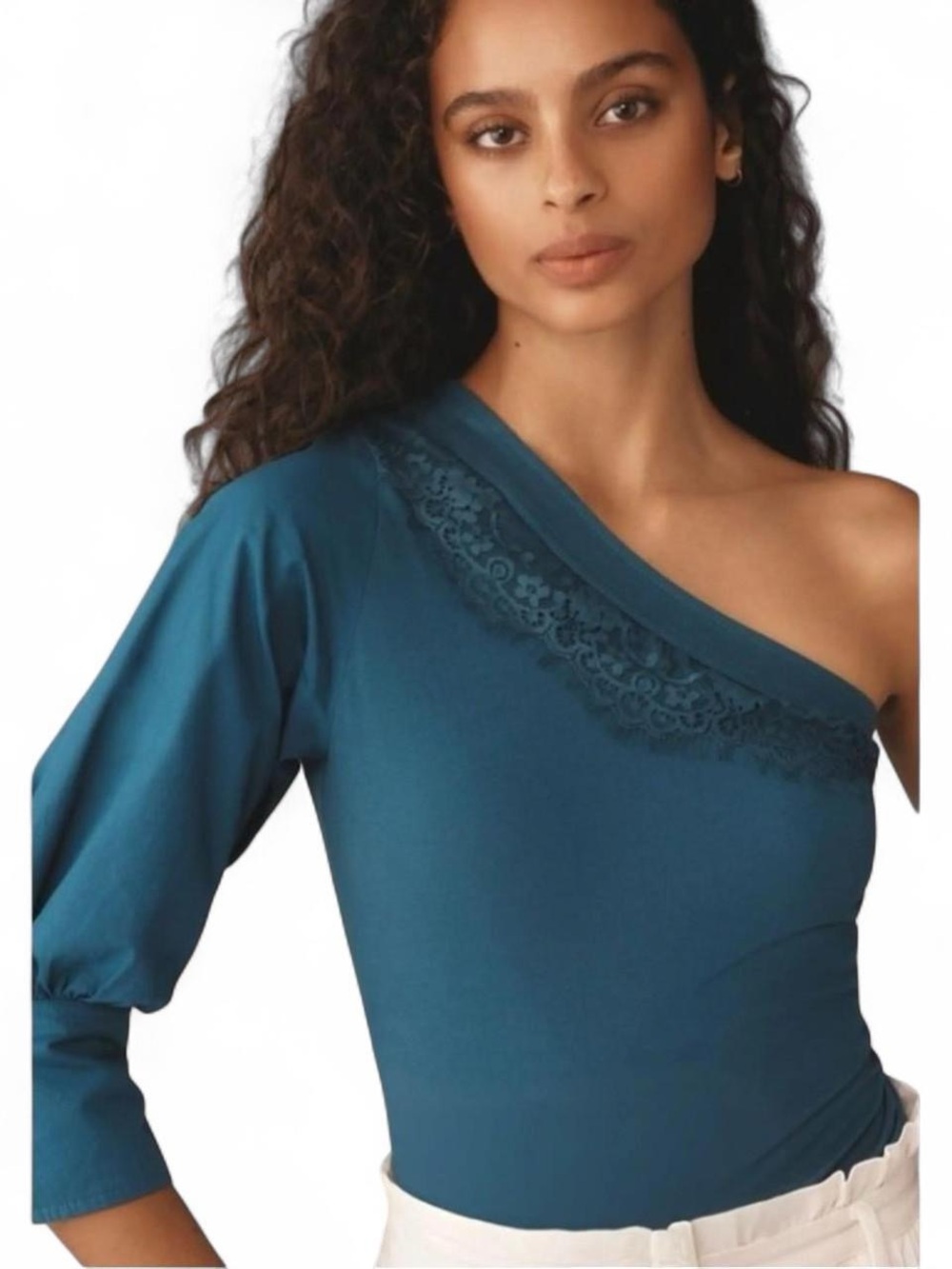 NWT Anthropologie One Shoulder Puff Sleeve Lace Top XL Blue 100% Cotton